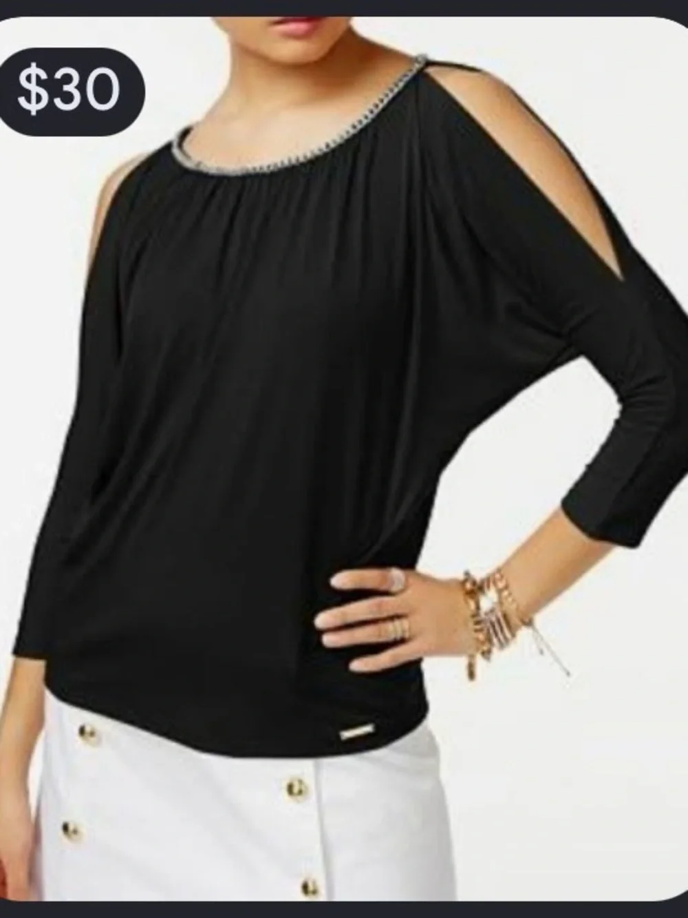 Black with gold Stud-Trim Cold-Shoulder Women's Top Michael Kors